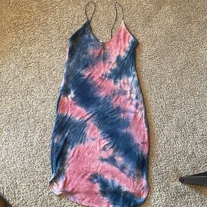 Black Bead- pink blue tie dye spaghetti strap dress, fitted, mid length, size L